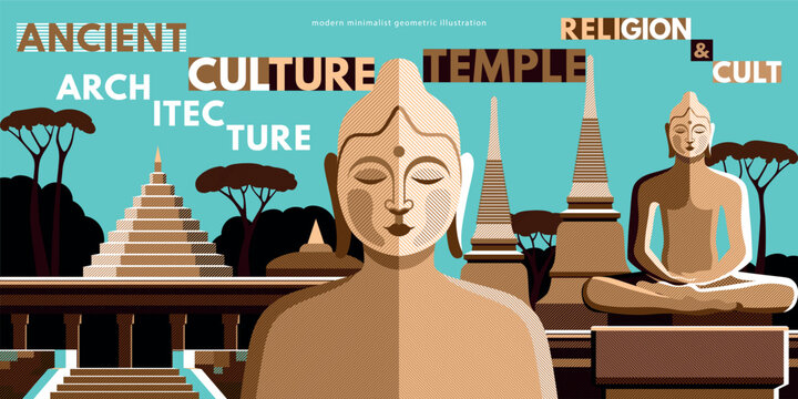 Asian Religious cultural symbols and traditional cult elements. Vector modern line art  geometric illustration with Buddhist statues, ancient temples, ruins in jungles, stupas and towers.