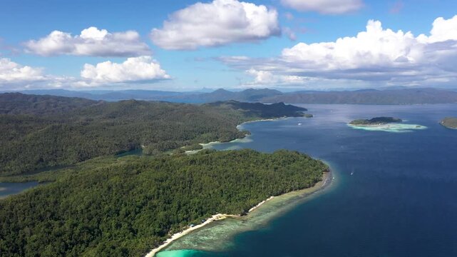 Aerial View of Gam Island Surrounded by Forest and Turquoise Waters, Raja Ampat Indonesia
