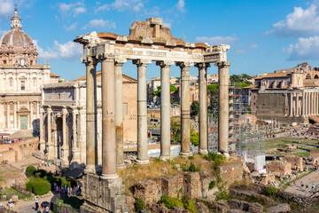 Temple of Saturn in Roman Forum, center of Rome, Italy © Mistervlad