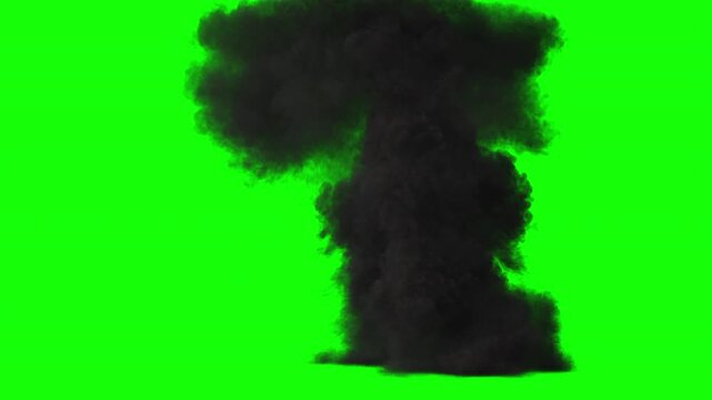 Big explosion of oil or gas tank, thick black smoke and flames from oil explosion - VFX element on green screen, 4K Pro Res, 60fps