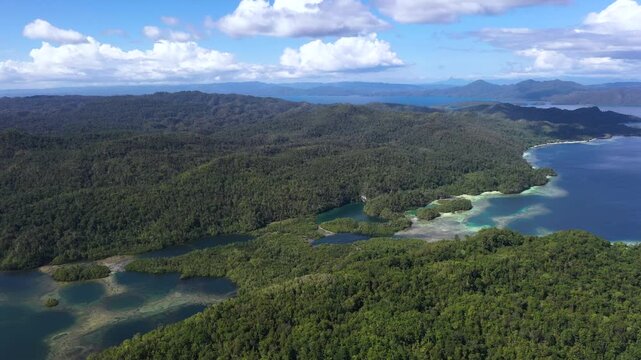 Aerial View of Gam Island with Forest and Turquoise Lagoons, Raja Ampat Indonesia