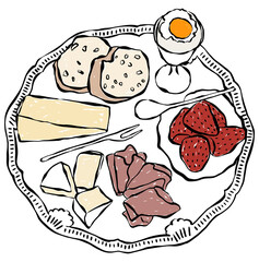 Classic hand drawn breakfast. Illustration of an elegant French style brunch. Minimalist food illustration.