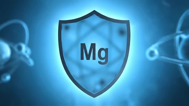 Shield with Mg symbol inside, representing magnesium and its protective properties, with abstract molecular structures in the background, blue tones