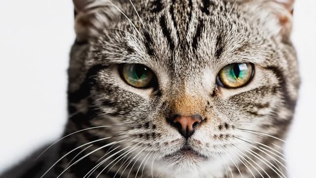Striped domestic cat with green eyes gazes directly at the camera, showcasing its distinct facial features and fur patterns against a white background