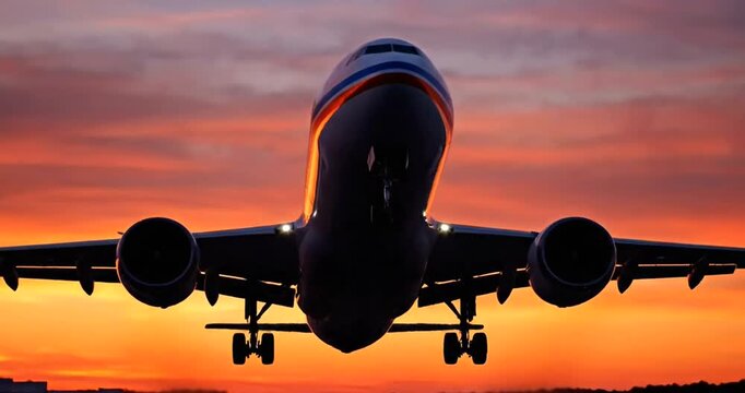 Airplane on runway at sunset landing.