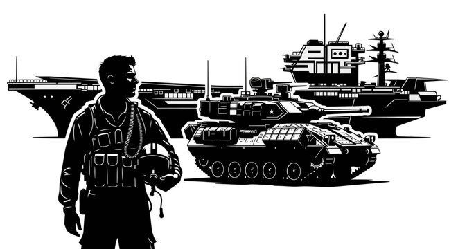 Military Pilot Standing Before Aircraft Carrier and Tank, Symbolizing Modern Warfare and Defense