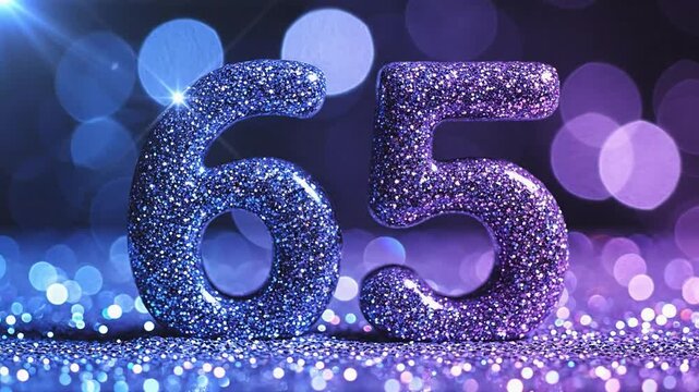 Glittering number 65 displayed with sparkling bokeh background, showcasing vibrant colors and shimmering effects in a festive setting