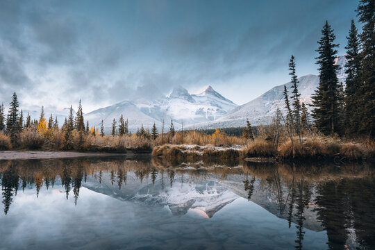 Sunrise Over Three Sisters Mountains in Autumn Landscape Canmore Alberta Canadian Rockies