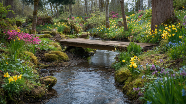 A small wooden bridge over a sparkling stream surrounded by bright spring flowers