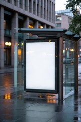 Fototapeta premium Vertical Blank Lightbox Mockup at Bus Stop on Wet City Street at Night Glowing Advertising Billboard in Rainy Urban Evening Architecture for Brand Identity Presentation