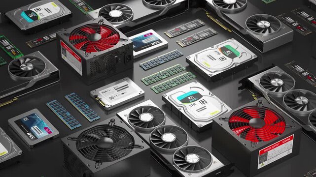 PC computer hardware components in a row. 3d animation