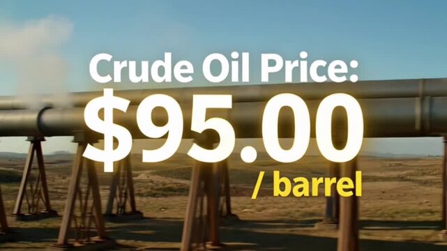 Crude oil price at ninety five dollars per barrel displayed over dark financial stock market screens