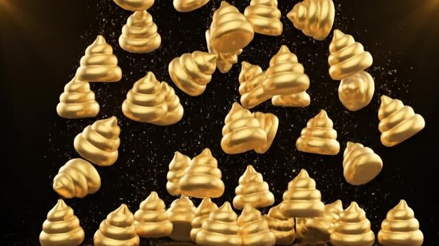 Playful yet refined 3D render of shiny gold poop emojis raining down with smooth tumbling movement Soft radiant lighting adds dimensional glow to glossy surfaces Sparkling particle streams follow desc