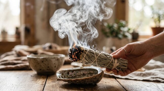 A Person Holding Burning Sage Bundle to Purify the Air and Create a Calming Atmosphere in a Rustic, Natural Setting with Smoke Billowing Calmly