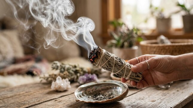 A Serene Moment: The Art of Smudging with Sacred Herbs, Capturing the Tranquil Essence of Wellness and Mindfulness in a Cozy Natural Setting