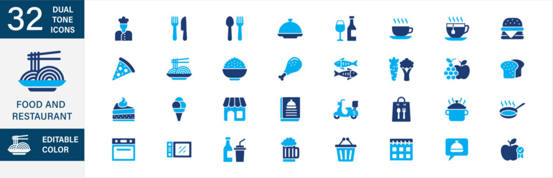 Restaurant and food icon set in blue dual tone color design. Contains icon symbol of chef, cook, fork, spoon, knife, service, reservation, store, beverage, seafood, dessert, menu, vegetables, delivery