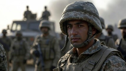 Fototapeta premium Soldier in camouflage uniform and helmet looking serious, standing with military unit and armored vehicle in dusty combat zone