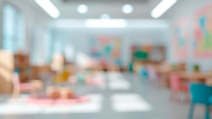 Blurred kindergarten classroom background with colorful furniture capturing themes of childhood education and learning