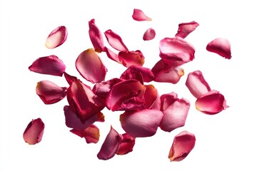 Fototapeta premium Rose petals falling on white background.