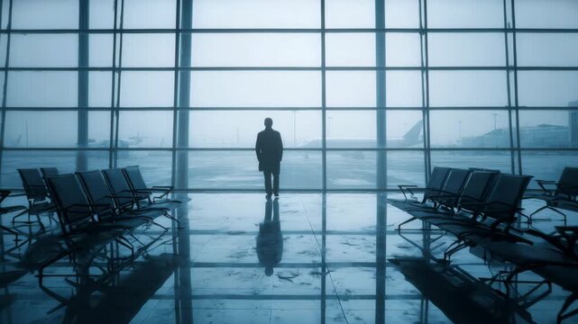 Lone silhouette of a man standing in an empty airport terminal waiting area with planes outside