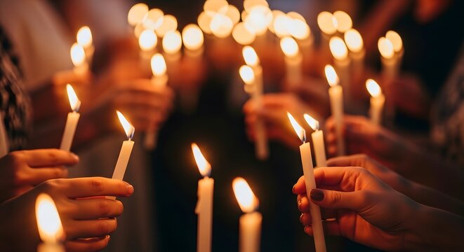 Hands holding lit candles during a solemn candlelight vigil ceremony