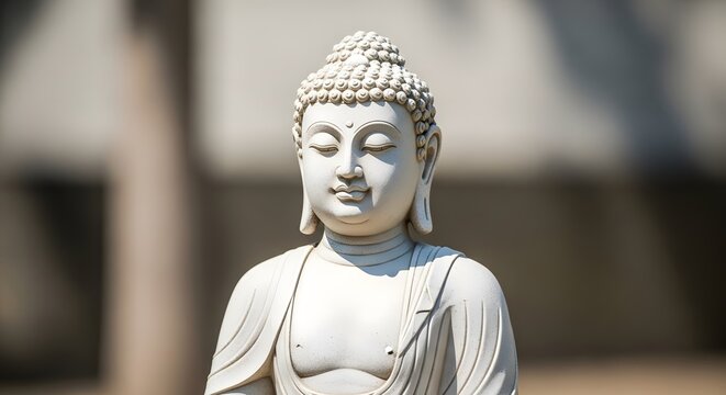 Stone statue of Buddha meditating with a peaceful expression in bright daylight.