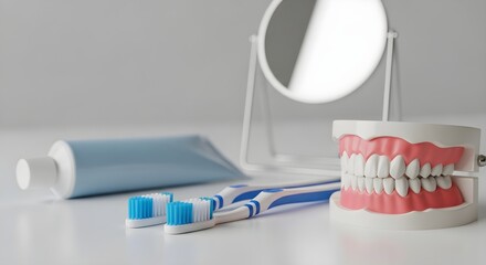 A Set of False Teeth, Toothpaste, Two Toothbrushes and Mirror on a White Table