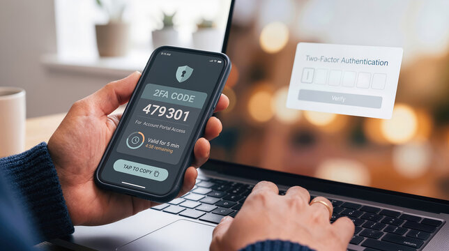 person holding smartphone displaying two factor authentication code while entering verification on laptop for secure online login