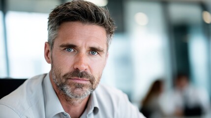 Naklejka premium board member serious expression on a business office background with natural light
