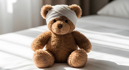 Sad Teddy Bear with Bandage on Head, Patient Sitting on Bed in Hospital Room