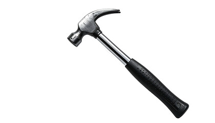 Silver claw hammer with a black handle, angled on a pure black background