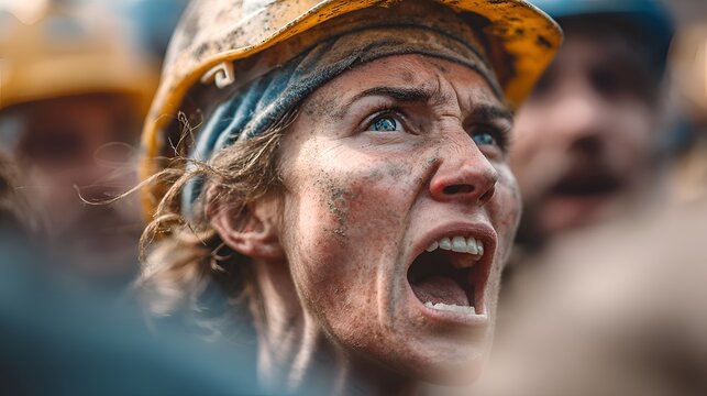 Anxious female worker with dirt on her face and hard hat yelling with an open mouth in a crowd of fellow workers at a construction site.