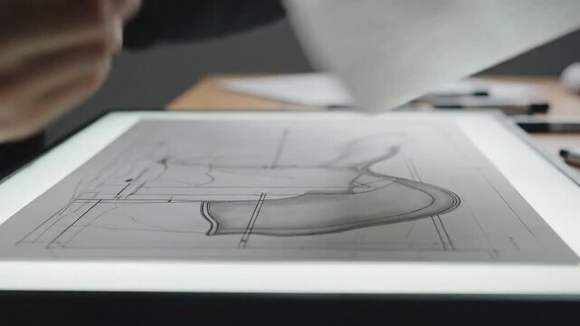 Artist's hand sketches design on illuminated drawing board, flipping paper to reveal detailed outline in a creative workspace