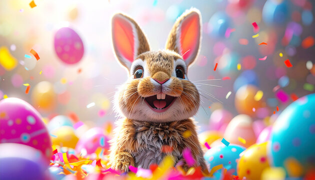 Crazy happy bunny celebration, festive easter eggs and colorful confetti, cartoon illustration. AI