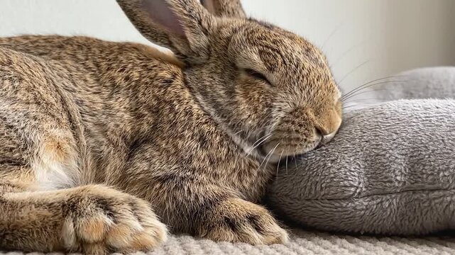 Brown rabbit resting its head on a soft pillow while lying on a textured blanket in a cozy indoor setting