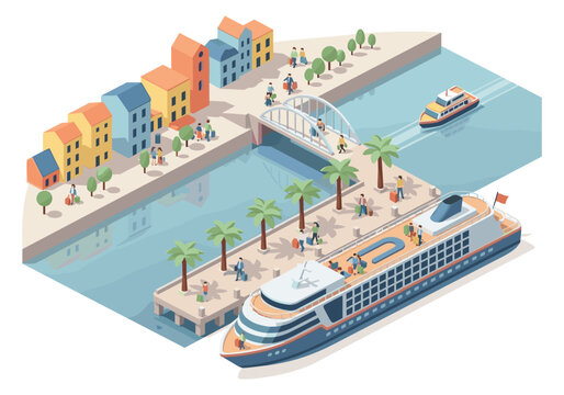Isometric view of a bustling harbor with cruise ship, ferry, and people disembarking with luggage