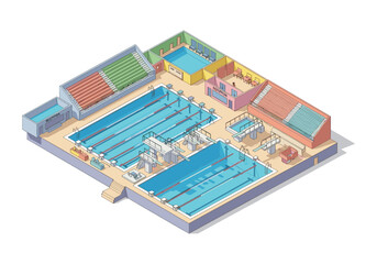 Obraz premium Isometric view of a modern swimming pool complex with multiple pools and spectator seating