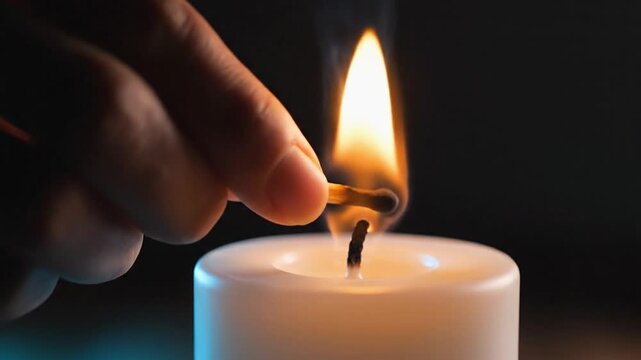 Hand lights matchstick to ignite candle wick, showcasing the flame's emergence in a darkened setting with soft lighting effects
