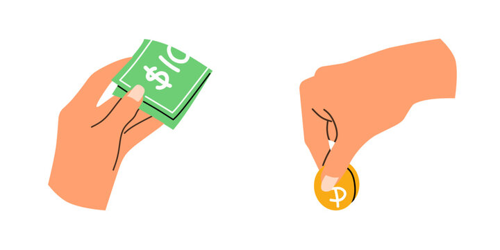 Flat vector design of hands holding dollar banknotes and coins
