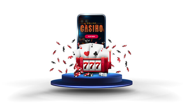 Smartphone with slot machine spins with classic seven symbols. Carnival lights explode from gaming display. Cards scatter around digital casino screen. Red and white theme adds playful energy. 