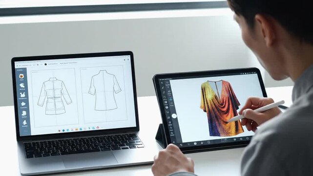 Male designer sketches clothing on tablet while referencing designs on laptop in modern workspace with natural light streaming through window