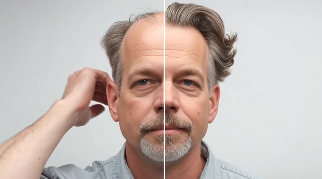 The Transformation: A striking side-by-side comparison of a man showcases the passage of time and the beauty of evolution. One half reveals a younger self with fuller hair.