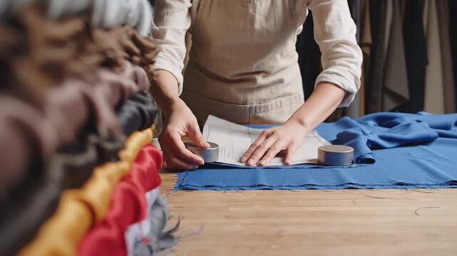 Woman prepares fabric pattern on blue cloth with measuring tape and weights in a textile workshop surrounded by colorful fabric rolls