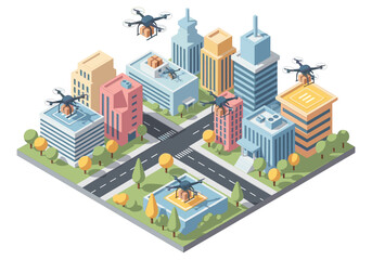 Isometric city with drones delivering packages to buildings, futuristic logistics concept