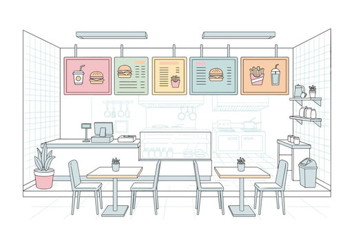 Clean line art illustration of a modern fast food restaurant interior with menu boards