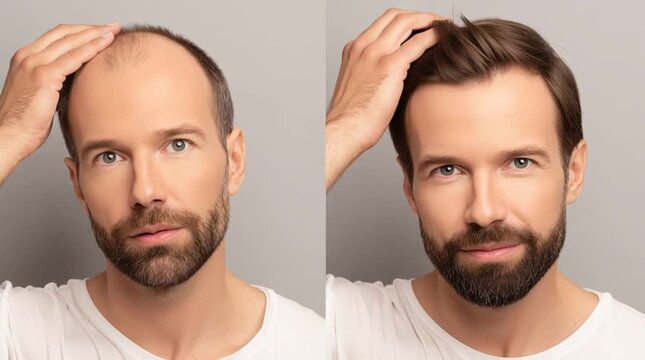 Hair Transformation: A man examines his hair, showcasing the impact of hair restoration and a new appearance with enhanced confidence.