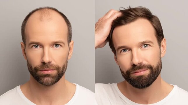 Hair Transformation: A before-and-after shot showcasing the remarkable enhancement in a man's appearance through effective hair restoration, highlighting renewed confidence and vitality.
