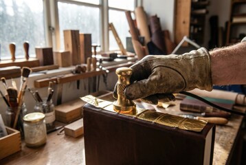 Artisan applying gold foil to a leather book spine using a heated tool
