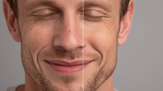 Transformation: A man's face split to show the aging process, revealing both youthful and matured facets.