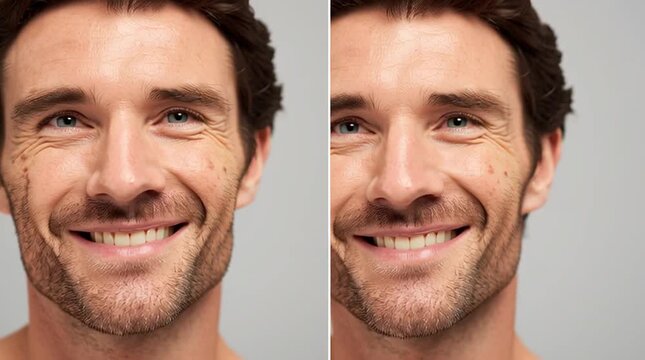 The Transformation: Before and After: A split image of a man's face showcasing the results of skincare, revealing a marked improvement in skin texture and overall appearance.